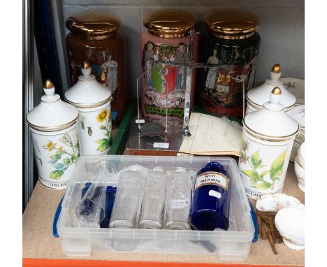 Three Apothecary Type Jars and Covers, 'Sulpher', 'Zingib', Peruv. Bark', Four Limoges Apothecary bottles, Avery Scales and S