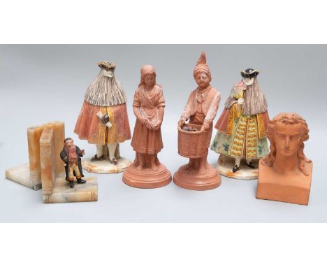 A Pair of Italian Pottery Figures, 20th century, Venetian noble figures wearing bauta, red anchor marks and retailers labels 