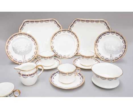 A Cauldon Ltd Porcelain Coffee Service, decorated with a blue and gilt border, comprising twelve trios, milk jug, sugar bowl 