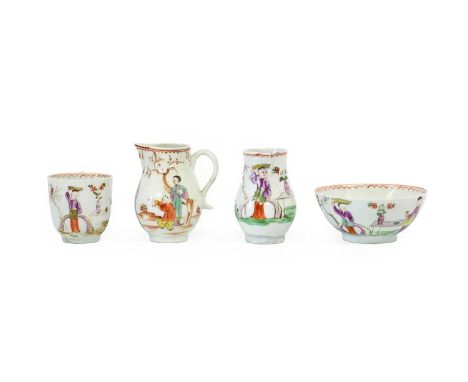 A Lowestoft Porcelain Sparrowbeak Jug, circa 1775, painted with chinoiserie figures beside a vase on a table9cm highA Matchin