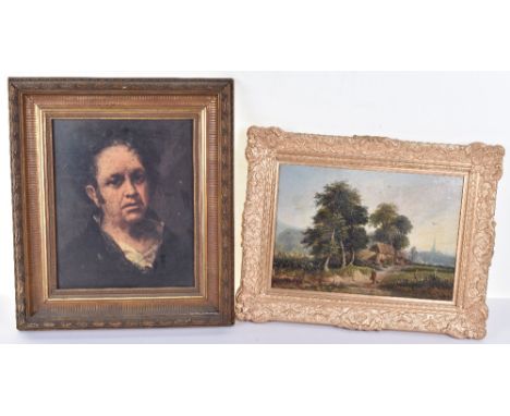An early 20th century oil on canvas, unsigned, of an elderly lady on path, in modern gilt frame, with a Goya self portrait pr