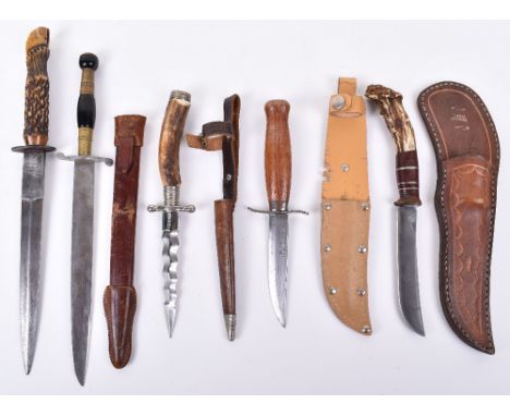 A selection of knives, including an R. Jones in leather scabbard with antler handle, an Anton Wingen JB of Solingen Germany d