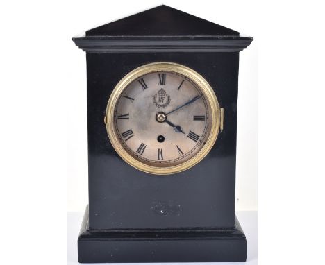 WW2 Royal Air Force (RAF) Officers Mess Mantle Clock, ebonized case, with silvered brass dial and Roman numerals with RAF and