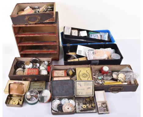 A miniature collectors four drawer chest containing pocket watches, parts, movements and dials, and tools, with a tool chest 