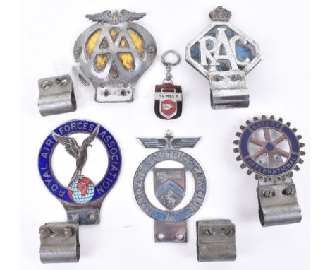 Five car badges, including a Margate &amp; District Car Club, AA, RAC, Royal Air Force Association enamel badge, and a Rotary