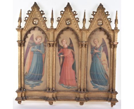 Two triptych religious polychrome lithograph angels after Fra Angelico, with framers label en verso, in carved giltwood Gothi