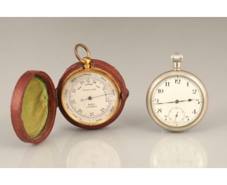 WWI Ross of London gilt metal pocket barometer, in the original leather case, diameter 5cm. Plus a military issue silver plat
