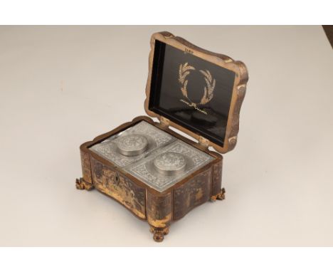 19th/20th century Japanese black lacquer tea caddy, hinged cover revealing twin tin lidded tea canisters, exterior with gilt 