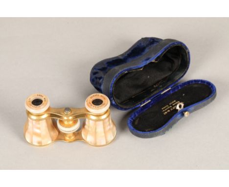 Pair of Tiffany &amp; Co mother of pearl opera glasses with case, inscribed Tiffany &amp; Co, Union Square, New York