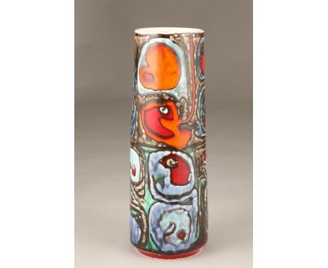 Large Poole pottery cylindrical vase, shape 85. Decorated in an abstract pattern in tones of blue, orange, green and red. 39c