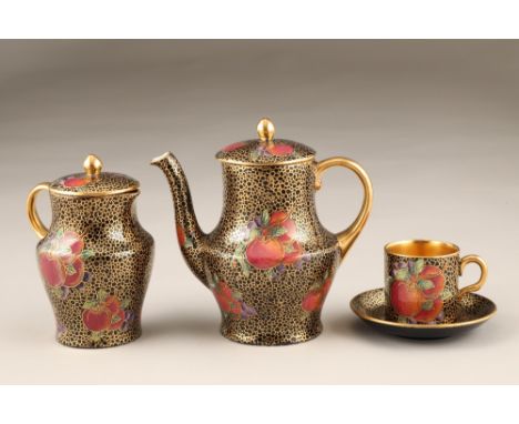 Fifteen piece Maling lustre coffee set, plum and berry, pattern 3615, gilt interiors and handles. Six coffee cups, six saucer