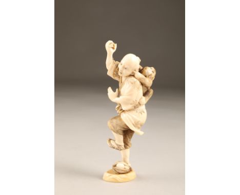 Japanese ivory okimono of a man with monkey on his back, Meiji period. 14cm high (light damage) The ivory figure is in good a