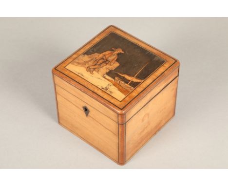 19th century Sorrento tea caddy in olive wood, hinged cover with fisherman, opening to reveal a lidded compartment with origi