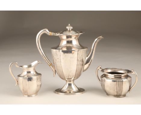 Chinese export silver three piece coffee service, engraved monogram. Coffee pot, sugar and cream by Wang Hing, Hong Kong. Tot
