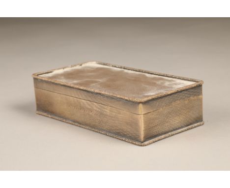 Silver cigarette box, engine turned decoration. Assay marked Birmingham 1953. 172mm long 90mm wide 43mm high  The box is in g