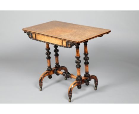 Burr walnut sofa table, with ebonised detailling, single frieze drawer, raised on four turned supports on U shaped downturned