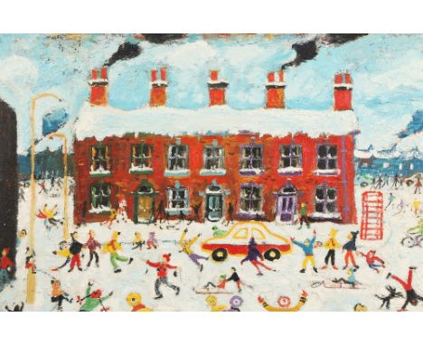 Simeon Stafford (British born 1956) ARR Framed oil on plywood panel, signed 'Merry Christmas, Down our Street' 50cm x 75cm Th