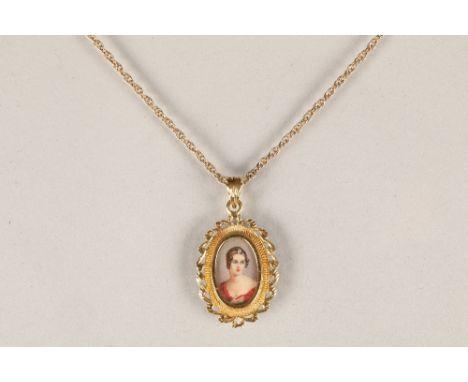 Ladies 18 carat gold hand painted miniature pendant, portrait of a lady with small diamond mounted in her hair with 9ct gold 