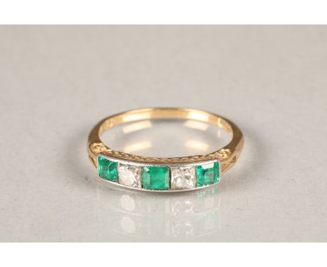 18ct gold emerald and diamond ring, three radiant cut emeralds interspersed by two radiant cut diamonds. Each stone is approx