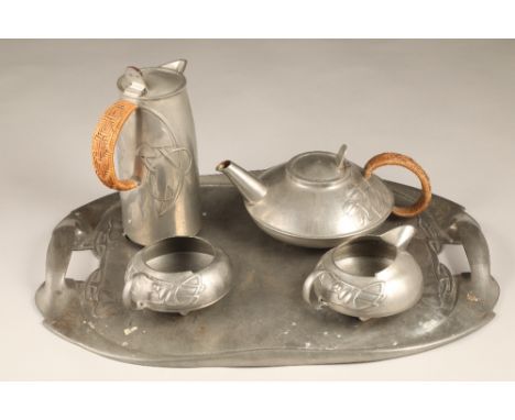 Archibald Knox pewter tea service with tray, designed for Liberty & Co pattern 0231 comprising of tea and hot water pot with 
