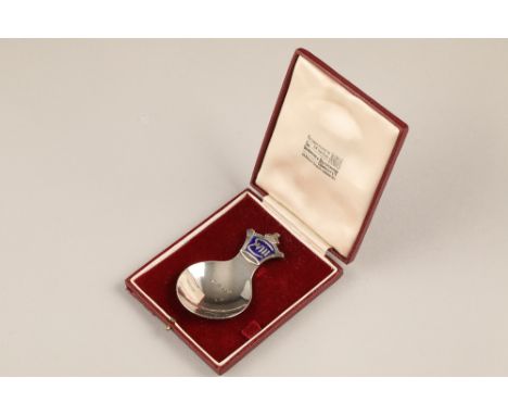 Edward VIII coronation silver caddy spoon, circular hammered bowl and blue enamelled coronet handle by Robert Edgar Stone. As