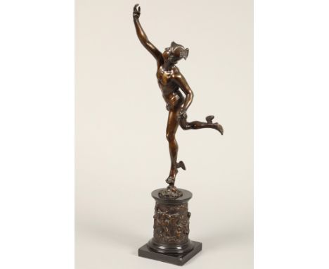 Bronze figure of Mercury, flying in the gusts of wind from the mouth of Boreas. Fixed to a black slate base decorated with a 