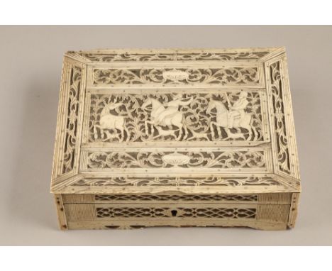 George III French prisoner of war carved bone jewellery box, finely carved pierced panels, hinged cover with a border of scro