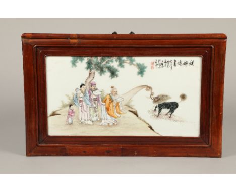 20th century Chinese ceramic plaque, figures bearing gifts for a mythical creature emerging from water. Hardwood framed. 29cm