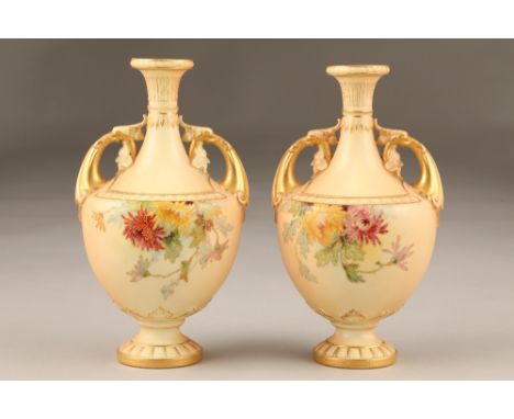 Pair Royal Worcester blush ware vases, with hand painted floral decoration. No1683 RDNo 214562. Date coded 1894. 18cm high