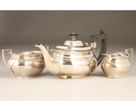 Three piece silver tea service, comprising of teapot, sugar basin &amp; cream jug. Assay marked Birmingham 1943. Total weight