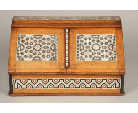 19th/20th century Turkish stationery box, inlaid with mother of pearl geometric pattern border. 50cm long 27cm wide 28cm high