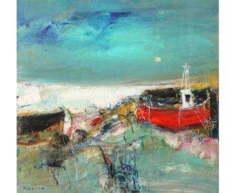 Nael Hanna (Scottish/Iraqi born 1959) ARR Framed oil on board, signed 'Red Boat, West Coast Scotland' 75cm x 75cm The oil pai