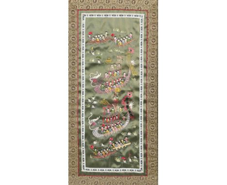 Pair of Japanese Silkworks20th century Hand stitched scenes of Children playing in a Garden and on the Riverboth 62cm x 31.5c