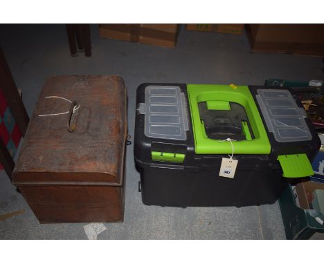 A tool box and contents, to include: jig saws; spanner; etc; together with a metal deed box.  (2)