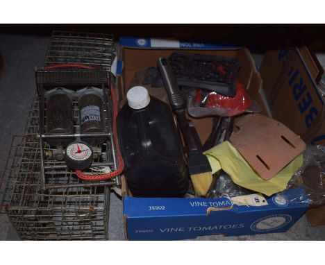 Sundry household goods to include a foot pump, light fittings, barbecue accessories, light fittings; together with an animal 