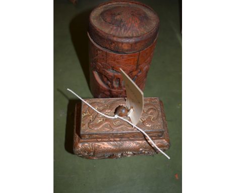 A Chinese copper tea caddy with interior cover (plate worn); together with a Bitong style pot with cover.  (2)