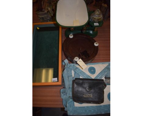 Two Masonic aprons; a Victorian beadwork footstool; scales; and a display cabinet.