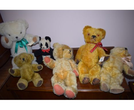 Four vintage teddy bears; together with two others.  (6)