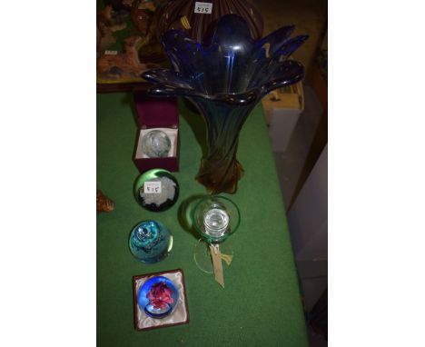 Contemporary glass, to include: paperweights by Caithness and Tweedsmuir; two vases; and a "Phoenix" candlestick.  (8)
