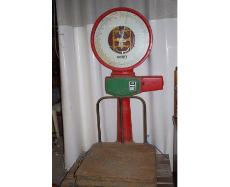 Cast metal weighing room jockey scales, by Avery, Birmingham, Type 325CHE, No. B480175, painted red and green, dial 30in. dia