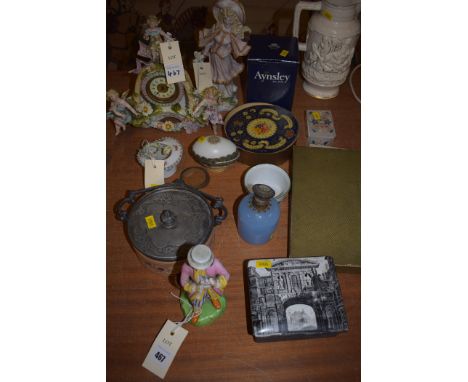 A Continental porcelain table clock adorned by cherubs; other Continental figures; and miscellaneous decorative china, etc.