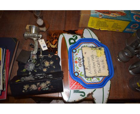 Enamel advertising signs, to include: Nectar Tea and Oxo Cube; a turned wooden egg timer; a papier mache candle box; etc.
