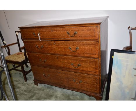 An early 19th Century inlaid oak chest of four long graduating drawers with swan-neck handles and raised on bracket feet.