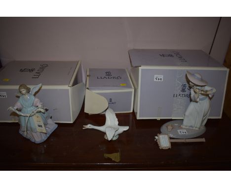 Lladro figures, to include: a girl with a flute; an angel; and a goose.  (3)