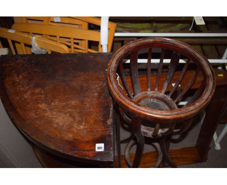 An antique corner two-tier wash stand in stained mahogany; a stained Bentwood jardiniere stand; a three-tier mahogany wall ha