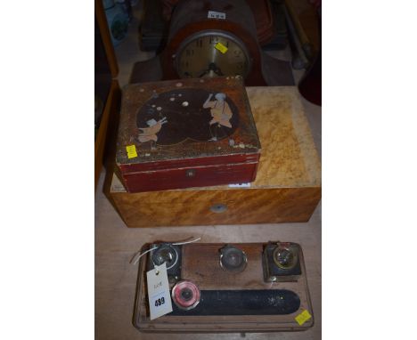 A 1930's mahogany mantel clock; Victorian birds eye maple collectors box, a lacquer box with figure decoration; together with