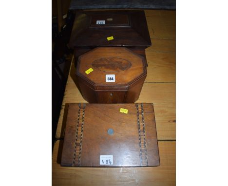 A late Victorian rosewood jewellery box,; a Georgian tea caddy; together with  a mahogany and inlay jewellery box.   (3)