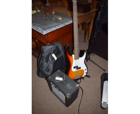 An SX standard series electric guitar; a SX amplifier; together with a guitar stand.    (3)