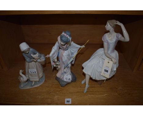 Three Lladro figures, to include: a ballerina; a Geisha; and a girl with geese (with original boxes).  (3)