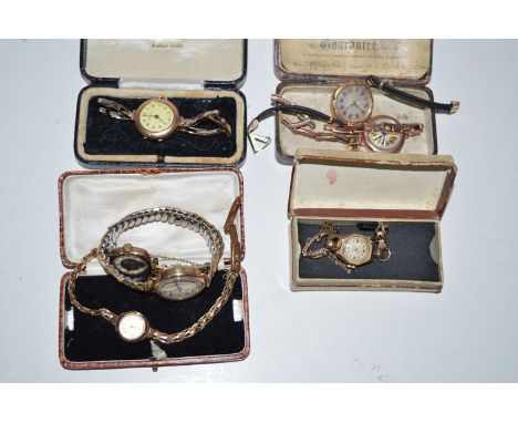 Seven gold cased ladies cocktail watches, by Waverley, Rotary, Reid & Sons and others some with gold straps. 